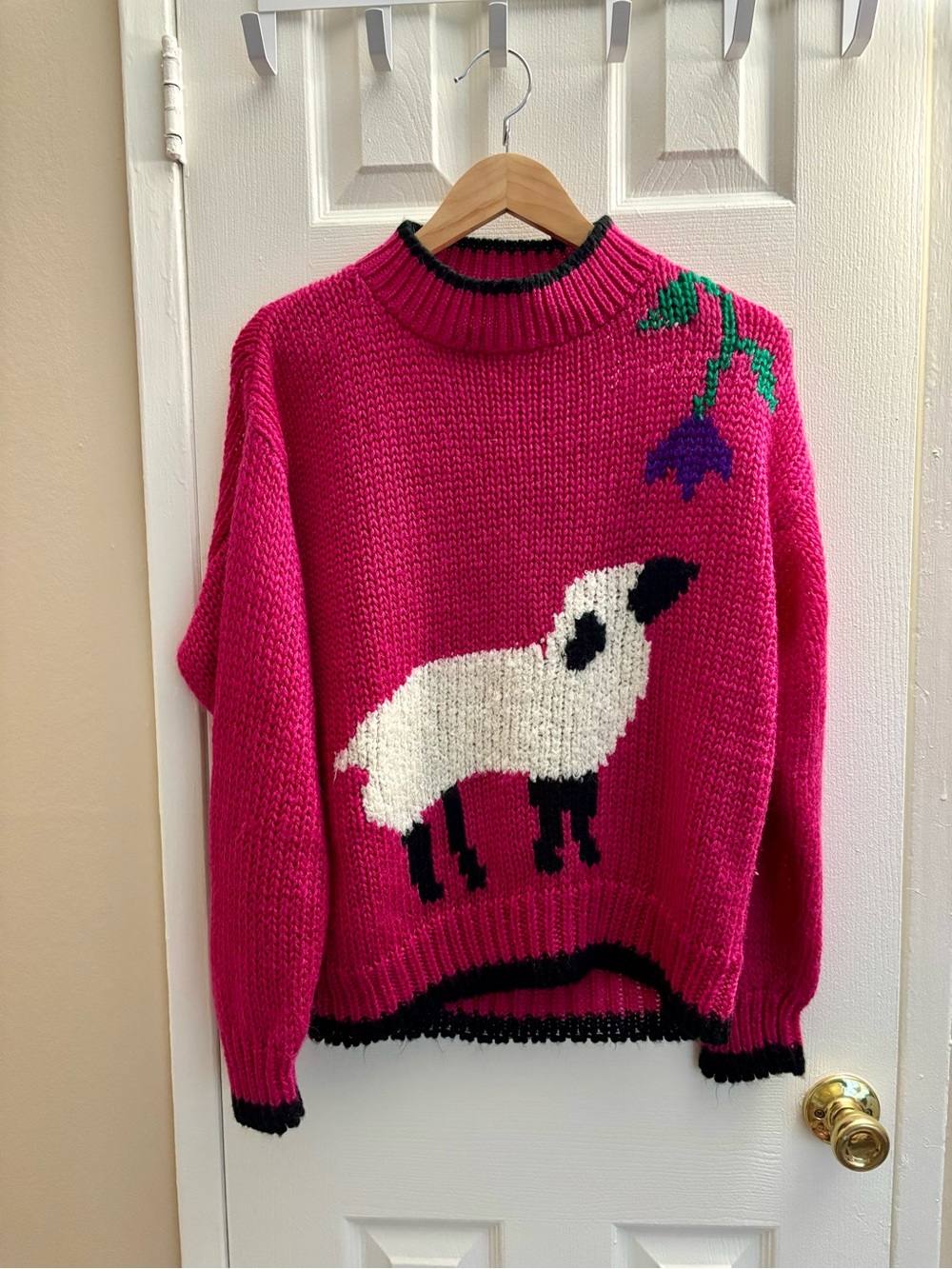 Hot Pink Cowlneck Sweater with Sheep Intarsia